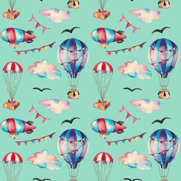 Hand-drawn watercolor seamless pattern. Retro aeronautic elemets for cards, invitations, fabric, wrapping