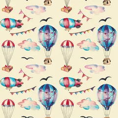 Stickers fenêtre Animaux avec ballon Modèle sans couture aquarelle dessiné à la main. Éléments aéronautiques rétro pour cartes, invitations, tissu, emballage