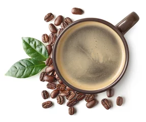 Fototapete Kaffee Tasse schwarzer Kaffee und Bohnen mit Blättern