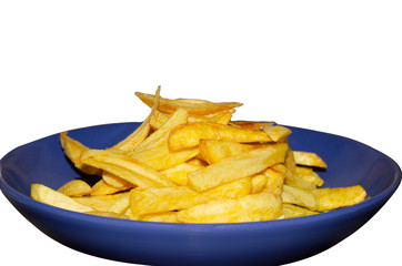 blue plate of French fries isolate on white
