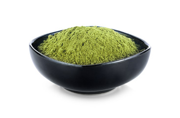 powdered matcha green tea in bowl, isolated on white background