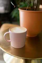 Coffee latte in pink mug sitting on gold table next to plant, hipster coffee shop, close up
