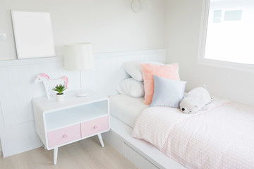 modern kid's bedroom and dolls on bed with wooden bed, interior decoration design concept