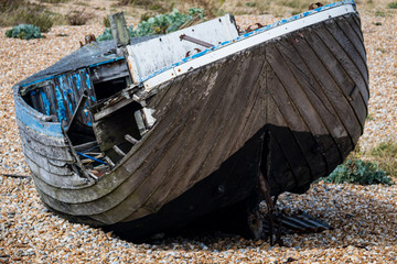 Old fishing boat on the beach, Dungeness, Kent 