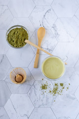 Matcha green tea is a delicious way to enjoy energy and health benefits. Matcha is a green tea leaf powder filled with antioxidants. Vertical orientation