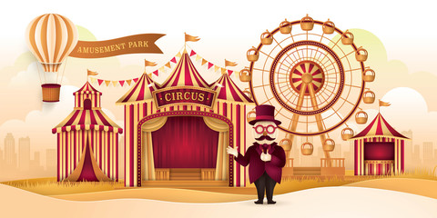 Amusement Park Landscape with Ferris wheel, Circus Tents, Carnival Fun Fair © GUGAI