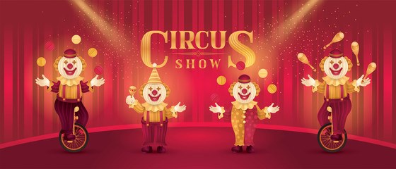 Circus Artists Actors show set, Funny Clowns Nose or Jester party circus Costume, Cartoon Clowns Characters, Clown Comedian juggling, Fun Fair, Carnival festival