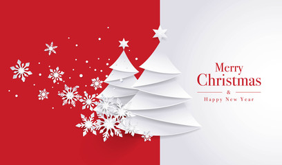 Fototapeta Merry Christmas Greeting card, Christmas Tree and Snowflake on Red Background. obraz