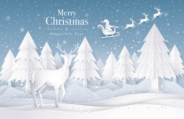 Santa Claus Sleigh flying on the Sky with Snow, Reindeer and Christmas Tree Background.