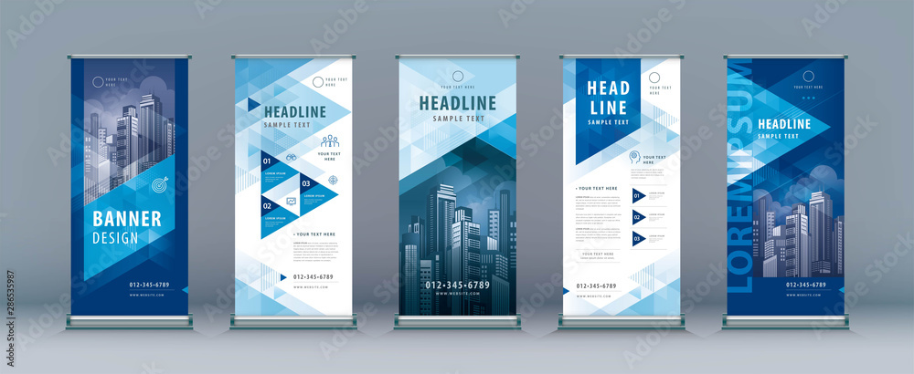 Wall mural business roll up set. standee design. banner template, abstract geometric triangle background vecto