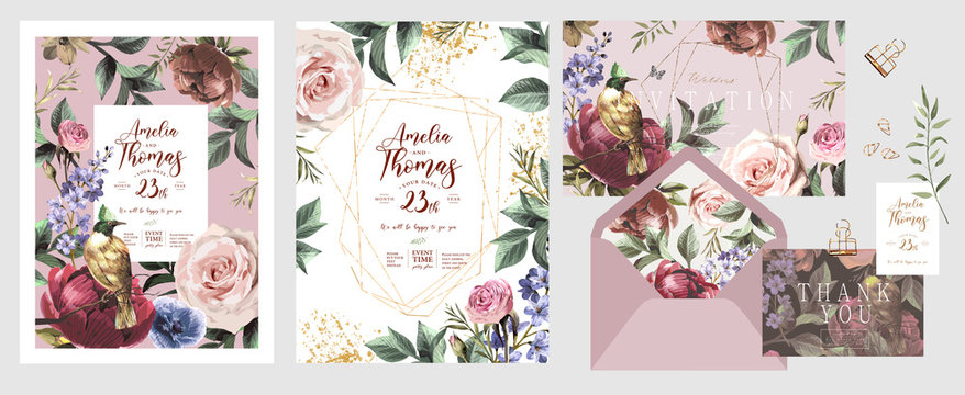 Wedding invitation, save the date or flyer\card for any event and party. Original floral greeting with flowers, plants, leaves and a bird of paradise of happiness