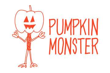 Doodle art for Halloween concept. A pumpkin monster with texts.