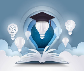 Open book with Light bulb and graduation cap, University Education concepts © GUGAI