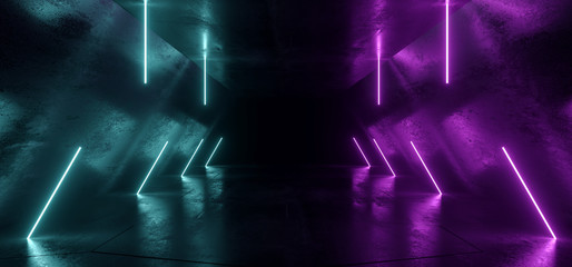 Neon Lines Tube Lights Futuristic Sci Fi Glowing Purple Blue Vibrant Laser Beams Showroom Concrete Dark Empty Background Tunnel Corridor Hall Spaceship Virtual 3D Rendering