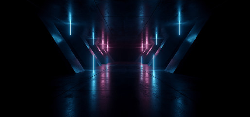 Neon Lines Tube Lights Futuristic Sci Fi Glowing Purple Blue Vibrant Laser Beams Showroom Concrete Dark Empty Background Tunnel Corridor Hall Spaceship Virtual 3D Rendering