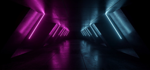 Neon Glowing Futuristic Sci Fi Dark Lights Purple Blue Futuristic Triangle Columns Concrete Grunge Empty Spaceship Tunnel Room Virtual Cyber Laser Beam 3D Rendering