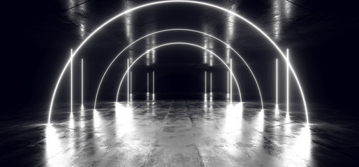 Sci Fi Neon Lights White Futuristic Fluorescent Glowing Concrete Grunge Dark Empty Corridor Hallway Tunnel Underground Room Stage Virtual Cyber Laser Beam 3D Rendering