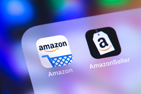Amazon and AmazonSeller apps icon on the screen smartphone. Amazon is world's largest online retailer. Moscow, Russia - October 30, 2018