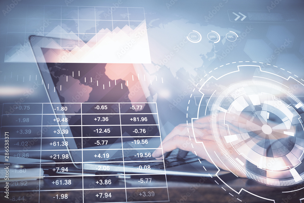 Poster double exposure of man's hands writing notes of stock market with forex graph background. concept of