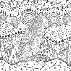 Cat on abstract pattern. Hand drawn patterns on isolation background. Design for spiritual relaxation for adults. Black and white illustration for antistress colouring page