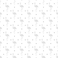 Seamless wallpaper with flamingos and dots. Hand drawn birds. Print for textiles. Pattern for design. Black and white illustration