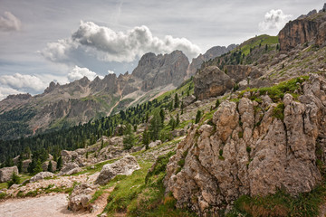 Panoramic view of towers and peaks of the Dolomites of the Catinaccio group