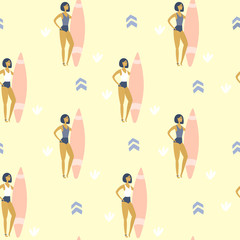 Vector illustration. Surfer girl with surfboard. Surf poster. Summertime. Pattern