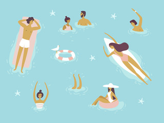 Top view, summertime, holidays poster. People swimming, relax, have a fun time. Surfing, vacation. Vector cartoon illustration. Summer time poster. Flat design, trendy style. Young men and women