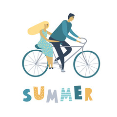 Vector illustration, flat design. Happy young man and woman have fun time. Loving couple riding a bicycle. Cartoon characters. Wedding and summer card. White isolated