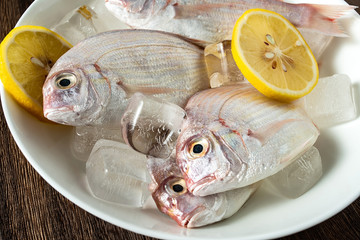 A plate of fresh red mullet and spices ingredients on a wooden board background