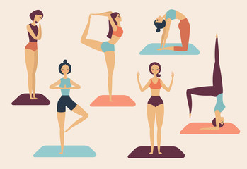 Set of vector cartoon illustration. Girls in yoga poses. Young beautiful women doing yoga in studio. Yoga school, class, center. Different exercises. Flat design