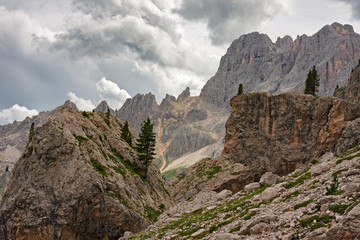 Panoramic view of towers and peaks of the Dolomites of the Catinaccio group