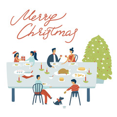 Merry Christmas greeting card of vintage style. Happy family celebrate at the same table and have fun time. Vector cartoon illustration. Flat design. Merry Christmas and Happy New Year.