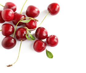 Obraz na płótnie Canvas Pile of delicious ripe sweet cherries on white background, top view