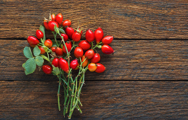 rosehip branches with red dog rose fruits on a brown wooden table
