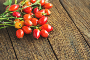 Fototapeta na wymiar rosehip branches with red dog rose fruits on a brown wooden table