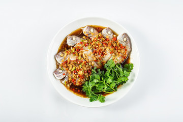 Chinese dish of hot chilli steamed red squid on white background