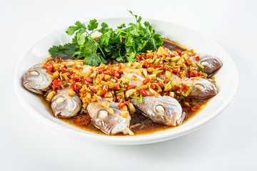 Chinese dish of hot chilli steamed red squid on white background
