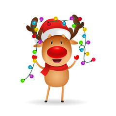 Cheerful reindeer celebrating Christmas. Cute cartoon deer with fairy lights on antlers. Christmas concept. Realistic vector illustration for greeting cards, festive banner and poster design