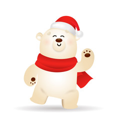 Happy polar bear celebrating Xmas. Cartoon character wearing Santa hat and red scarf. Christmas concept. Realistic vector illustration for winter holidays, party, festive event
