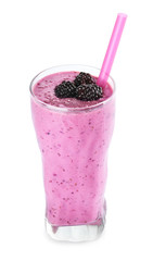 Delicious blackberry smoothie in glass on white background
