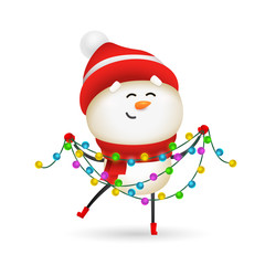 Happy snowman celebrating Christmas. Cute snow man holding fairy lights. Christmas concept. Realistic vector illustration for greeting cards, festive banner and poster design
