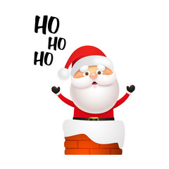Laughing Santa Claus getting into chimney. Cartoon character red costume snow. Christmas concept. Realistic vector illustration for December holidays party festive event