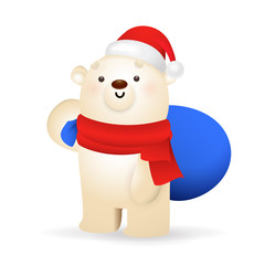 Sweet polar bear carrying Xmas gifts. Cartoon character in Santa hat holding big sack. Christmas concept. Realistic vector illustration for winter holidays, party, giving presents