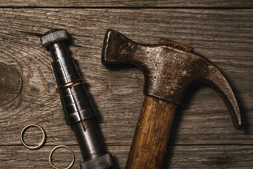 Top view of tools for stretching precious metal rings, close-up