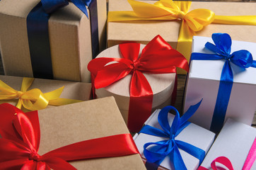 Many boxes with ribbon bow gift, top view