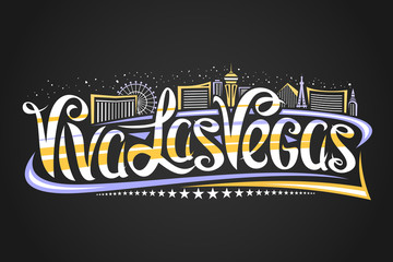 Vector logo for Las Vegas, decorative outline illustration with abstract architecture eiffel tower and ferris wheel, creative lettering - viva las vegas, yellow contour urban scene on dark background. © mihmihmal