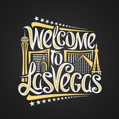 Vector poster for Las Vegas, decorative outline illustration with abstract architecture, creative lettering - welcome to las vegas and stars in a row, yellow contour urban scene on black background. © mihmihmal