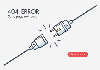 404 error Electric Plug and Socket unplugged. creative minimal design web banner. Electrical theme web banner, disconnection, loss of connect.