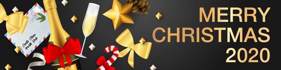 Merry Christmas banner with champagne. Modern design with confetti and bows on dark background. Lettering can be used for invitation, placard, brochure
